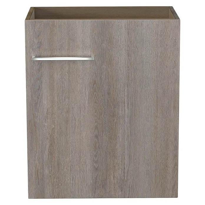 Camargue Espacio Waschtischunterschrank - 50 x 33 x 60 cm, Faro - Ein grauer Holzunterschrank mit einem schlichten, horizontalen silbernen Griff. Ideal für modernes Baddesign mit praktischer Aufbewahrung.
