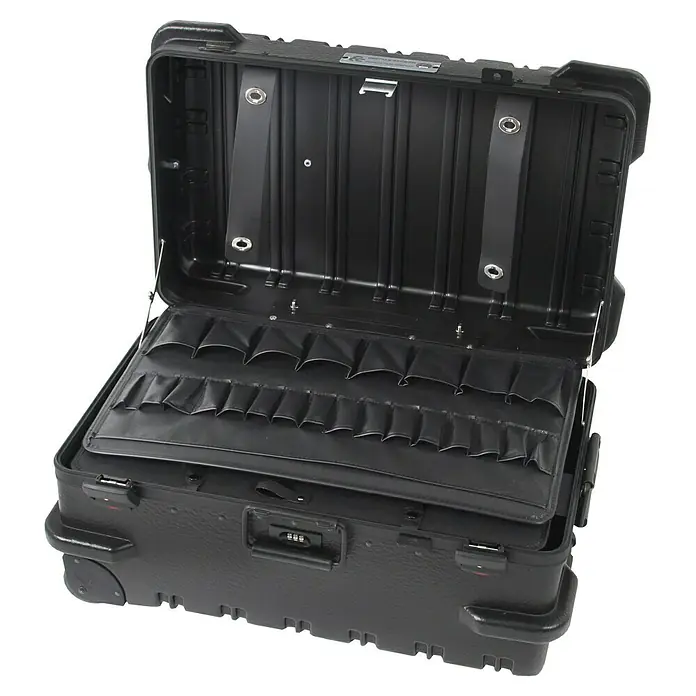 Hepco & Becker Werkzeugkoffer Chicago Case 5540 - L x B x H: 420 x 670 x 340 mm, High Density Polyethylen (HDPE) - Offener schwarzer Werkzeugkoffer mit Fächern und Zahlenschloss, ideal für die Aufbewahrung und den Transport von Werkzeugen.