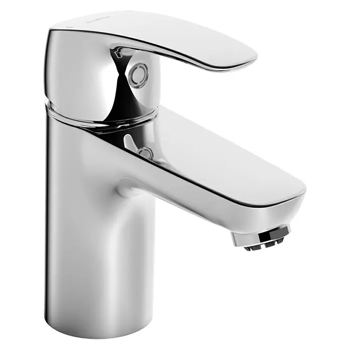 Hansa Pinto Waschtischarmatur - Niederdruck, Chrom, Glänzend - Nahaufnahme eines glänzenden, verchromten Waschtischhahns mit modernem Design und klaren Linien, perfekt für ein stilvolles Badezimmer.