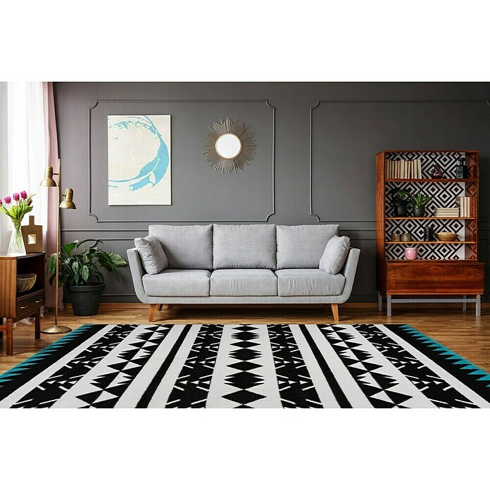 Kayoom Kurzflorteppich (Schwarz/Weiß/Blau, 150 x 80 cm)