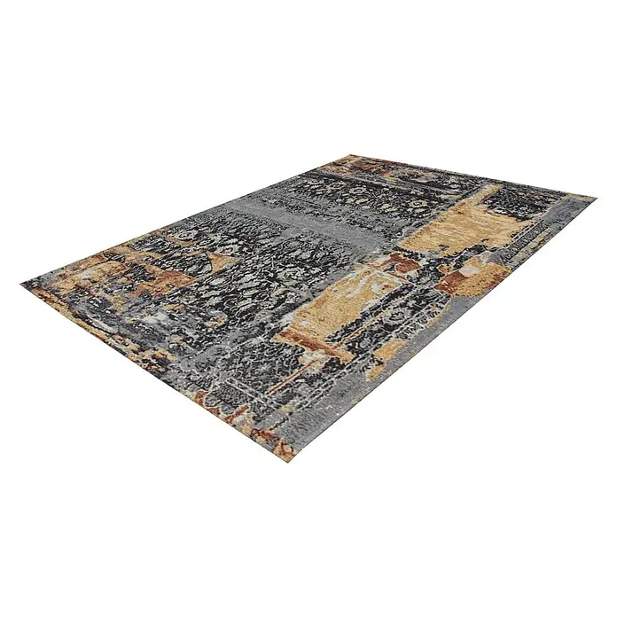 Kayoom Flachgewebeteppich Blaze - Grau/Braun, 150 x 75 cm, 74 % Polyester - Ein rechteckiger Teppich mit abstraktem Muster in Grau-, Schwarz- und Goldtönen, ideal als dekoratives Element für jeden Raum.