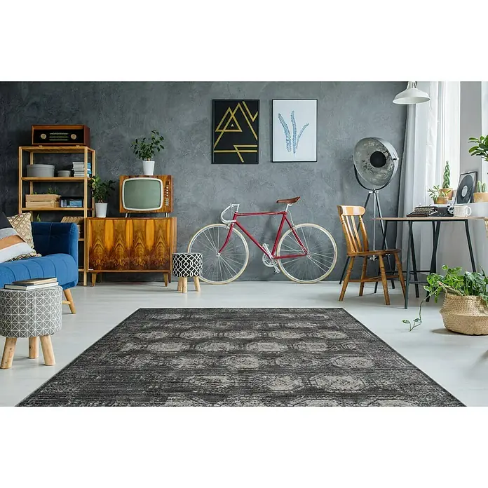 Kayoom Kurzflorteppich Baroque I - Anthrazit, 290 x 200 cm, 100 % Polyester - Dieser Teppich verleiht jedem Wohnraum einen Hauch von Vintage-Charme mit seinem Muster und seiner Farbgebung. Er ist eine stilvolle Ergänzung.