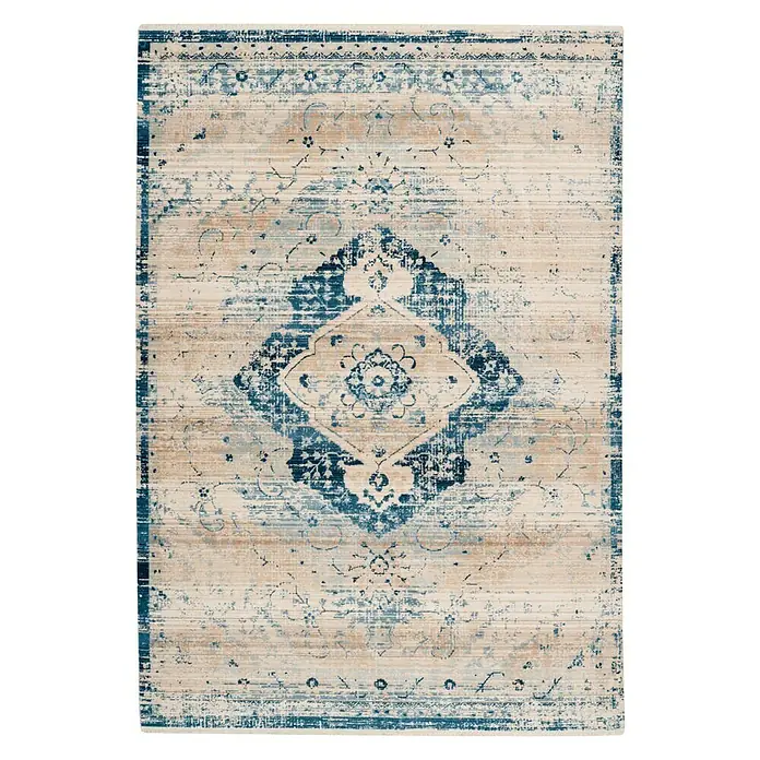 Kayoom Kurzflorteppich Baroque II - Creme/Blau, 150 x 80 cm, 100 % Polyester - Elegante Teppich mit blauem Medaillon-Muster auf beigem Grund. Der Teppich verleiht jedem Raum eine stilvolle und moderne Note.