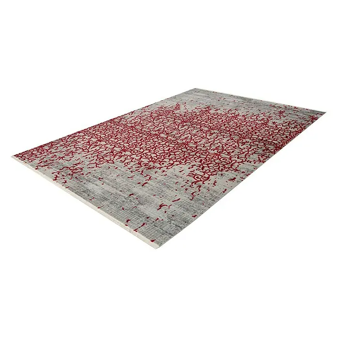 Kayoom Kurzflorteppich Baroque - Grau/Rot, 290 x 200 cm, 100 % Polyester - Ein rechteckiger Teppich mit einem grauen Hintergrund und einem roten, floralen Muster, der einen modernen Touch in jeden Raum bringt.