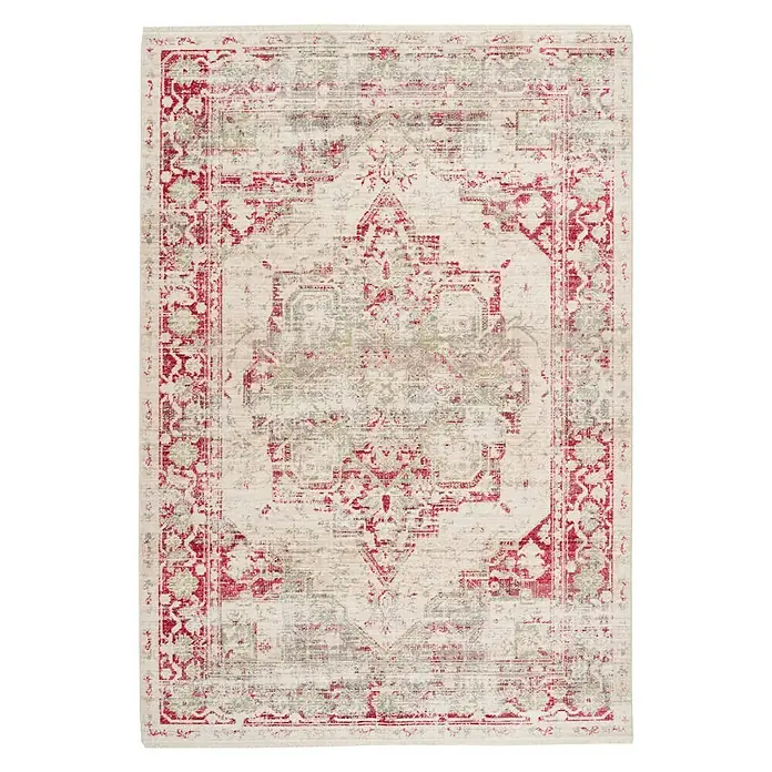Kayoom Kurzflorteppich Baroque - Bunt, 290 x 200 cm, 100 % Polyester - Ein rechteckiger Teppich mit einem komplexen roten und grauen Muster auf beigem Grund, ideal für Wohnräume.