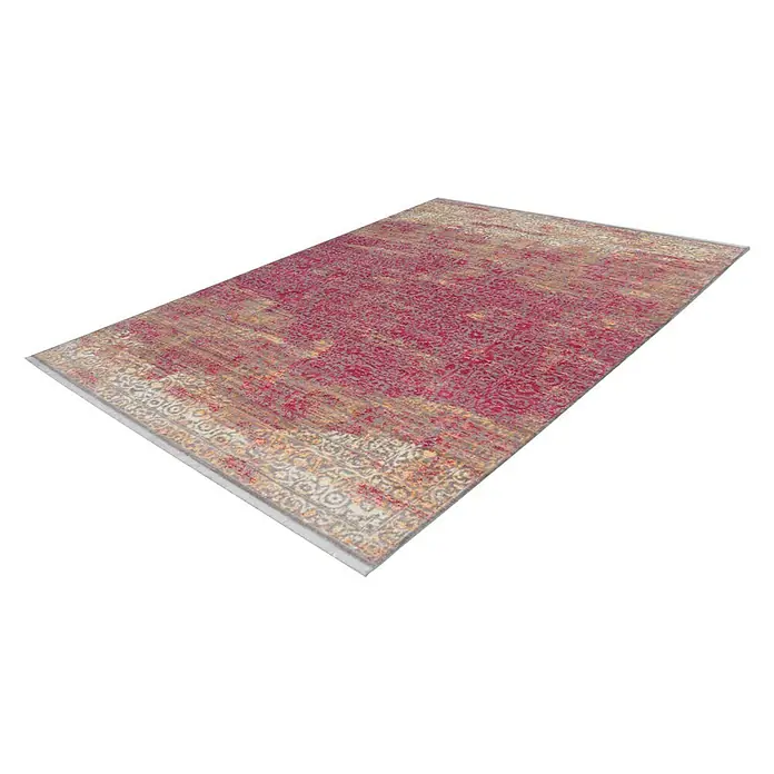Kayoom Kurzflorteppich Antigua - Rot, 170 x 120 cm, 100 % Polyester - Elegantes Foto eines rechteckigen Teppichs mit einem dekorativen Muster in Rot- und Beigetönen. Der Teppich liegt flach auf einem weißen Untergrund.