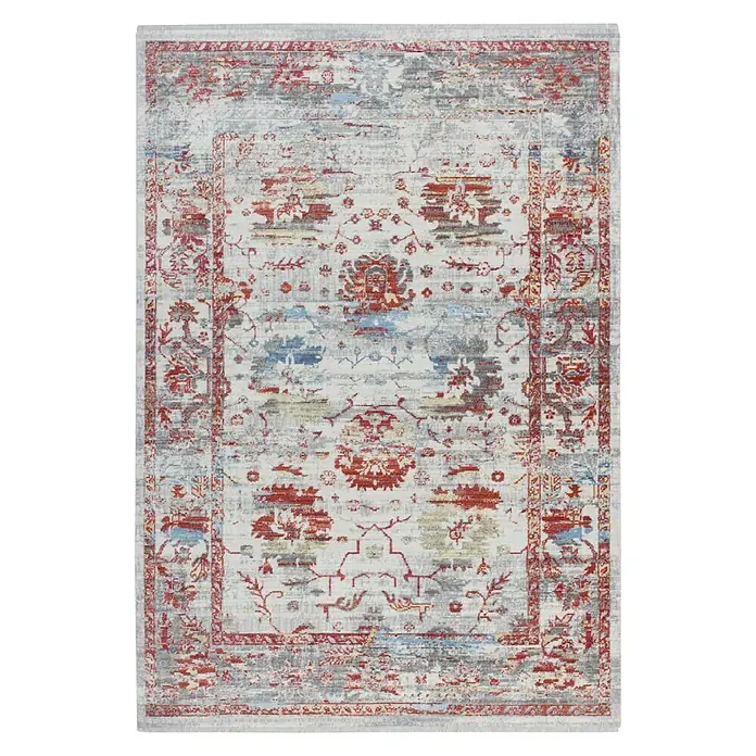 Kayoom Kurzflorteppich Antigua II - Bunt, 170 x 120 cm, 100 % Polyester - Ein rechteckiger Teppich mit orientalischem Muster in Rot-, Grau- und Blautönen. Perfekt, um jedem Raum einen Hauch von Farbe und Stil zu verleihen.