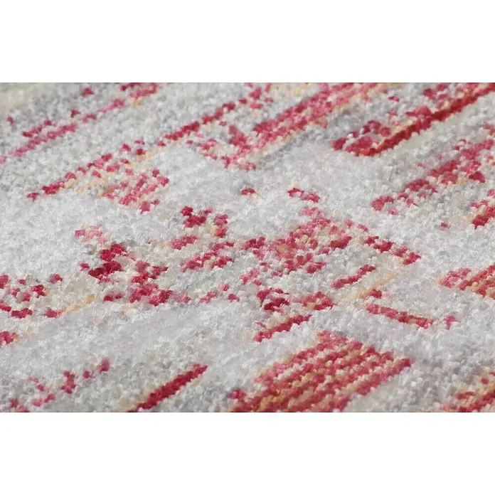Kayoom Kurzflorteppich Antigua II - Bunt, 170 x 120 cm, 100 % Polyester - Nahaufnahme eines gemusterten Teppichs mit weißen, roten und gelben Farbtönen, der eine strukturierte Oberfläche zeigt.