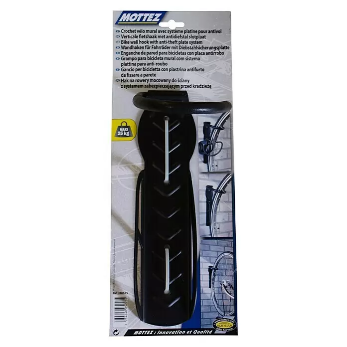 Mottez Gancho de pared para bicicletas B865V - Acero, Negro - Gancho de pared negro para bicicleta con sistema de placa antirrobo, soporta hasta 25 kg.