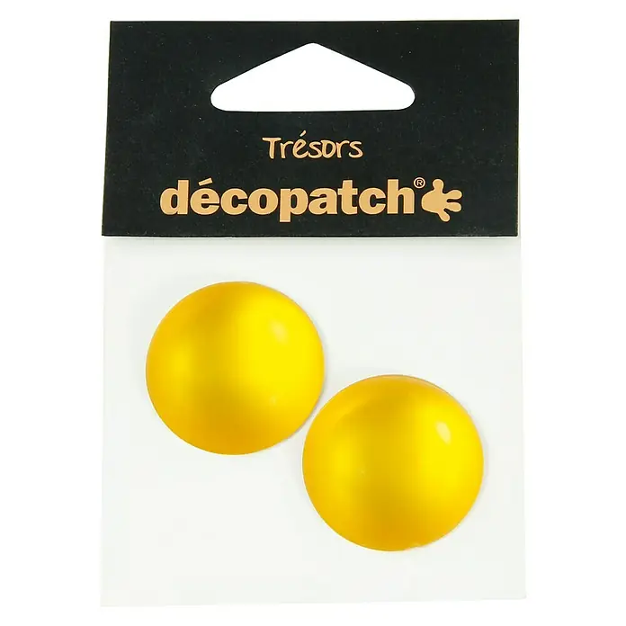 Décopatch Pieza decorativa Trésors Cercles amarillo - 2 ud., 3 x 2 cm - Dos adornos hemisféricos amarillos Décopatch en un paquete negro. Ideal para proyectos de artesanía y decoración.