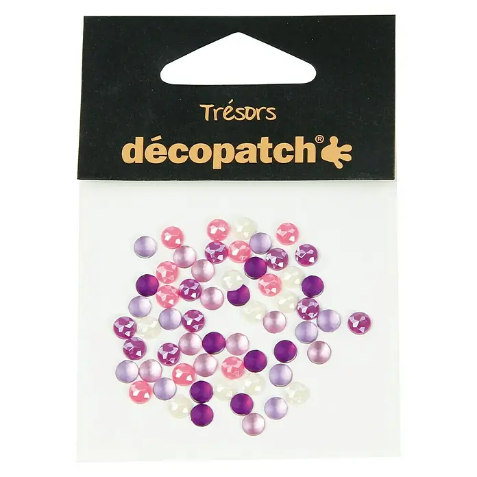 Décopatch Elemento decorativo Trésors Piedras - Rosa/Lila, Plástico, 60 pzs. - Primer plano de un paquete de piedras brillantes Décopatch en varios colores, perfecto para manualidades y decoraciones.