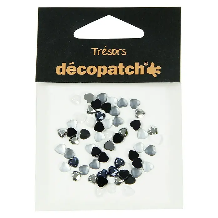 Décopatch Elemento decorativo Trésors Corazones - Negro/Blanco, Plástico, 60 pzs. - Paquete de corazones Decopatch en tonos negro, gris y plata. Perfecto para proyectos creativos de manualidades y decoraciones.