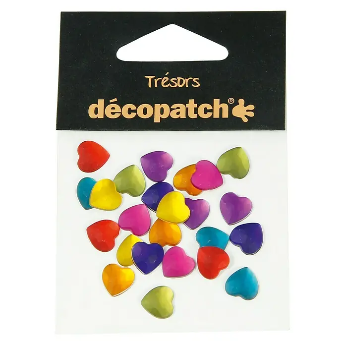 Décopatch Pieza decorativa Trésors Coeurs Flashy - 24 ud., 1 x 1 cm - Paquete de corazones Décopatch en colores vibrantes, perfecto para proyectos de manualidades y decoraciones. Los corazones pequeños añaden alegría.