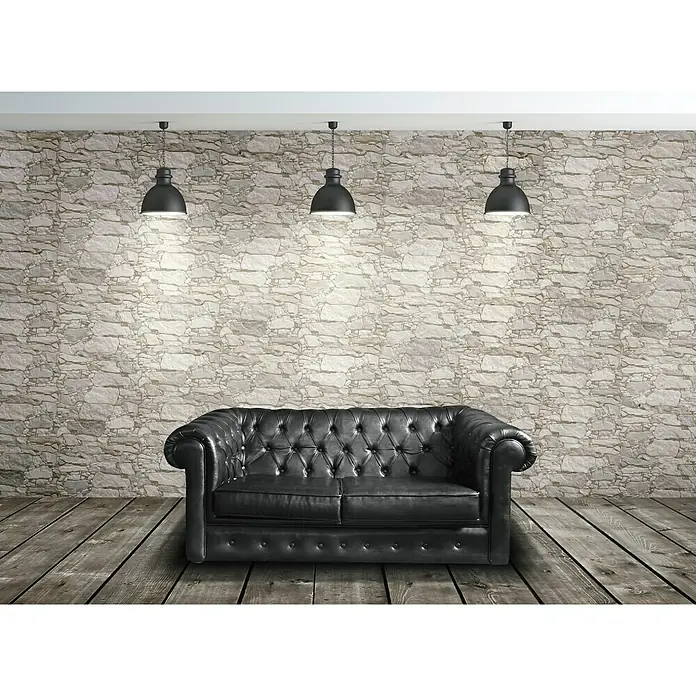Revestimiento de pared Wall Rock - 40 x 60 cm, Blanco, Mate - Sofá Chesterfield negro bajo tres lámparas negras, combinando diseño elegante y confort. Un complemento elegante para cualquier interior.