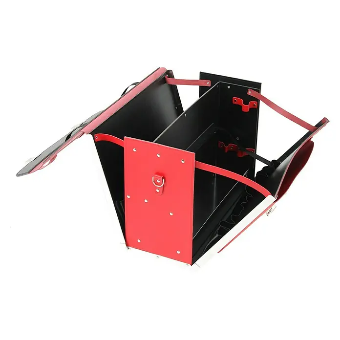 Hepco & Becker Werkzeugtasche Favorit 7123 - Innenmaß: B x T x H: 450 x 340 x 190 mm, Leder, Rot - Offener roter und schwarzer Schminkkoffer mit silbernen Kanten und mehreren Fächern zur Aufbewahrung von Kosmetikprodukten.