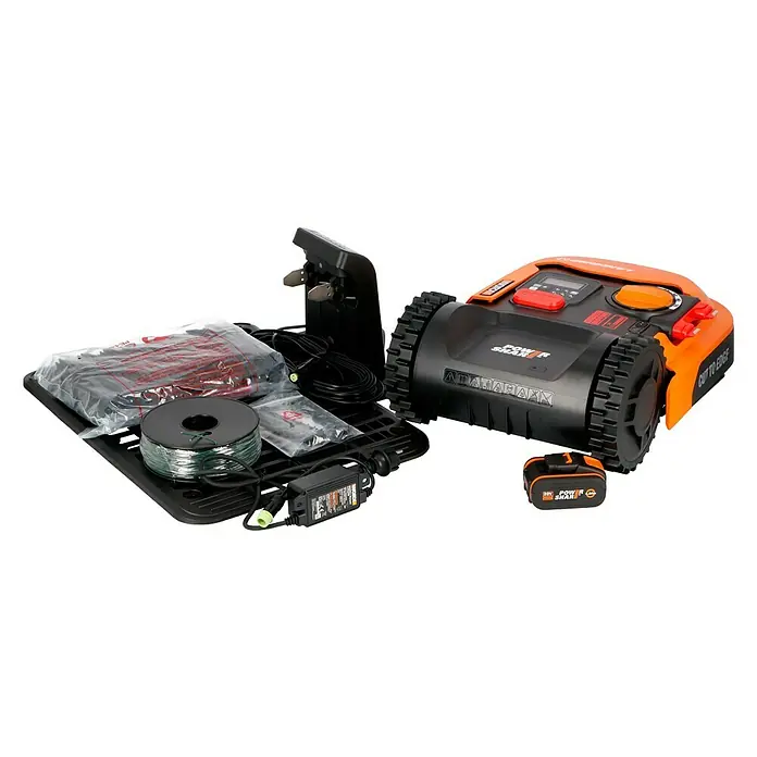 Worx PowerShare 20V Robot cortacésped Landroid M700 - 700 m², Ancho de corte: 18 cm, Navegación por inducción, Cable de antena - Esta imagen muestra un robot cortacésped Worx Landroid, completo con estación de carga, cable perimetral y accesorios.