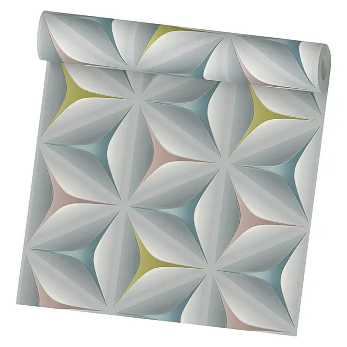 A.S. Création Vliestapete Move Your Wall - Blau/Grau/Rosa, Grafisch, 10,05 x 0,53 m - Ein Rollen Tapeten mit einem geometrischen Blumenmuster in Weiß, Blau, Rosa und Gelb. Ideal für ein modernes und stilvolles Zuhause.