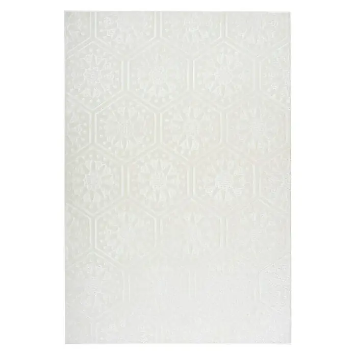 Kayoom Kurzflorteppich Monroe II - Weiß, 230 x 160 cm, 100 % Polyester - Weiße geprägte sechseckige Wandfliese mit einem subtilen floralen Muster, die Eleganz und modernes Design vereint.