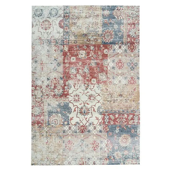 Kayoom Kurzflorteppich Indiana - Multi, 170 x 120 cm, 100 % Baumwolle - Ein rechteckiger Teppich mit Patchwork-Design in Rot-, Blau- und Beigetönen, der jedem Raum einen Hauch von Vintage-Charme verleiht.