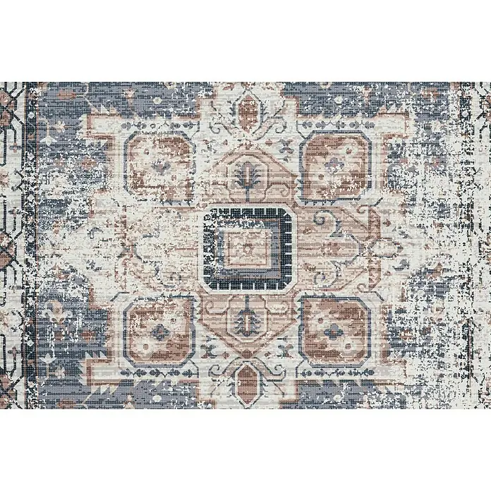 Kayoom Kurzflorteppich Indiana - Grau/Braun, 150 x 80 cm, 100 % Baumwolle - Der Teppich besticht durch sein orientalisches Muster mit modernen, verwaschenen Akzenten. Ideal für Wohnräume, die einen Hauch von Vintage-Charme suchen.