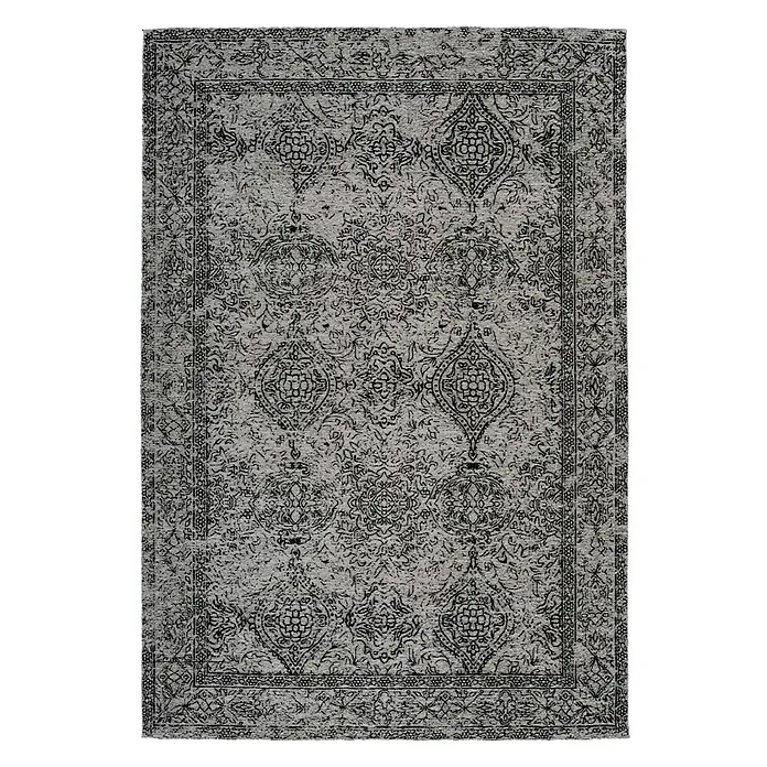 Kayoom Kurzflorteppich Iglesia - Grau/Schwarz, 290 x 200 cm, 100 % Polyester - Grauer Teppich mit dunklem Muster. Ein stilvoller Teppich mit floralen Akzenten und dekorativem Rand für Ihr Zuhause.