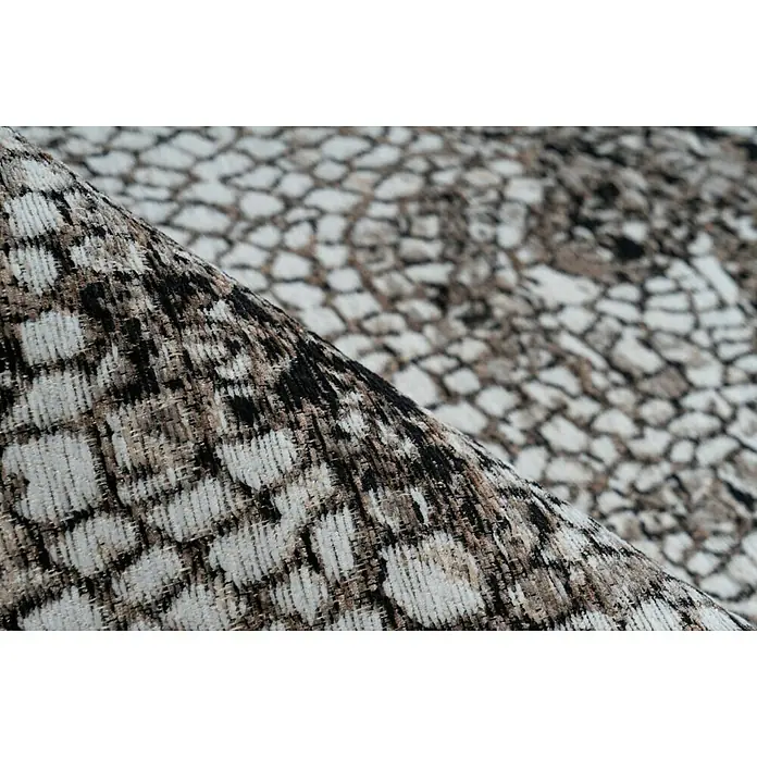 Kayoom Kurzflorteppich Iglesia - Taupe, 150 x 80 cm, 100 % Polyester - Nahaufnahme eines Teppichs mit einem einzigartigen, organischen Muster in neutralen Farben, das Textur und Tiefe zeigt.