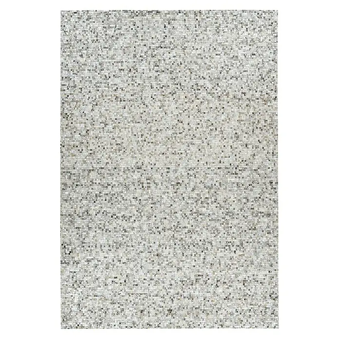 Kayoom Lederteppich Finish - Grau/Silber, 170 x 120 cm, 100 % Leder - Nahaufnahme eines Mosaiks mit unregelmäßigen weißen und grauen Steinen, die eine strukturierte Oberfläche mit subtilen Farbvariationen erzeugen.