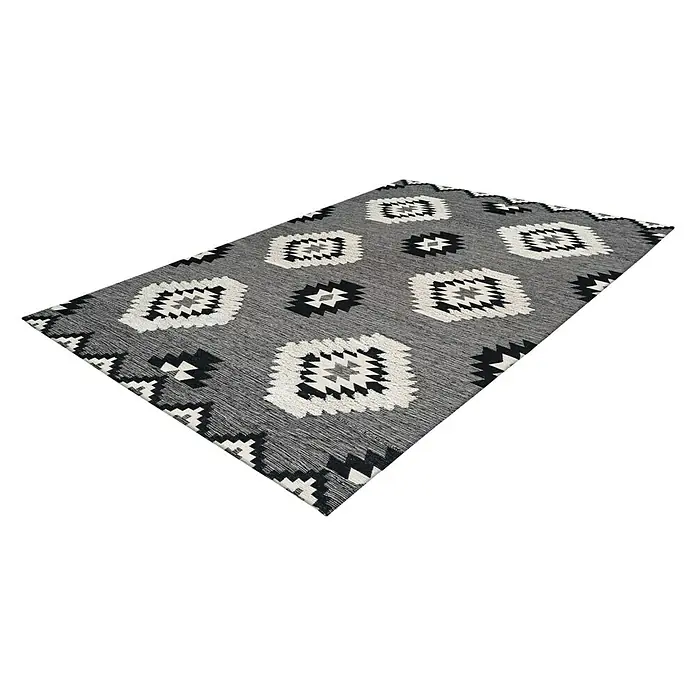 Kayoom Flachgewebeteppich Ethnie - Grau, 290 x 200 cm, 100 % Baumwolle - Grauer Teppich mit geometrischen Mustern in Schwarz und Weiß, ideal für moderne Wohnräume.