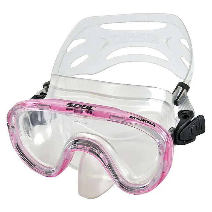 Seac Sub Gafas de buceo Marina JR - Apto para: Adultos y niños, Plástico, Rosa - Primer plano de una máscara de buceo SEAC Marina con marco rosa, lentes claras y correa ajustable. Ideal para aventuras submarinas.