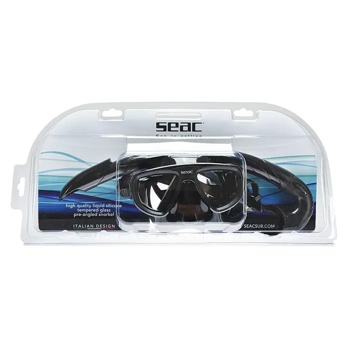 Seac Sub Set de buceo Extreme - Apto para: Adultos, Plástico, Negro - Un conjunto de máscara de buceo y snorkel Seac negro que se muestra en un embalaje transparente. Un conjunto de alta calidad para aventuras submarinas.
