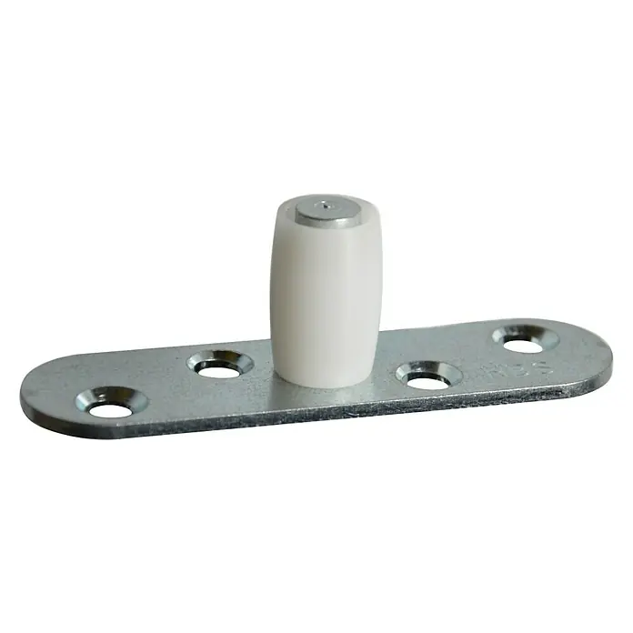 HBS Betz Führungsrolle Typ 10 - Stahl, 74 x 20 x 23 mm, Traglast: 400 kg - Schwenklager mit Platte. Das Schwenklager hat eine weiße Kunststoffrolle und eine silberne Metallplatte mit vier Befestigungslöchern.