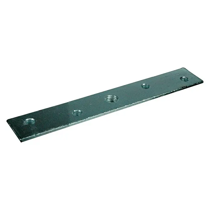 HBS Betz Anschraubplatte Typ 40 - Stahl, Länge: 210 mm - Metallverbinderplatte mit mehreren Löchern für Schrauben und einer Gewindebohrung in der Mitte, ideal für stabile Verbindungen.