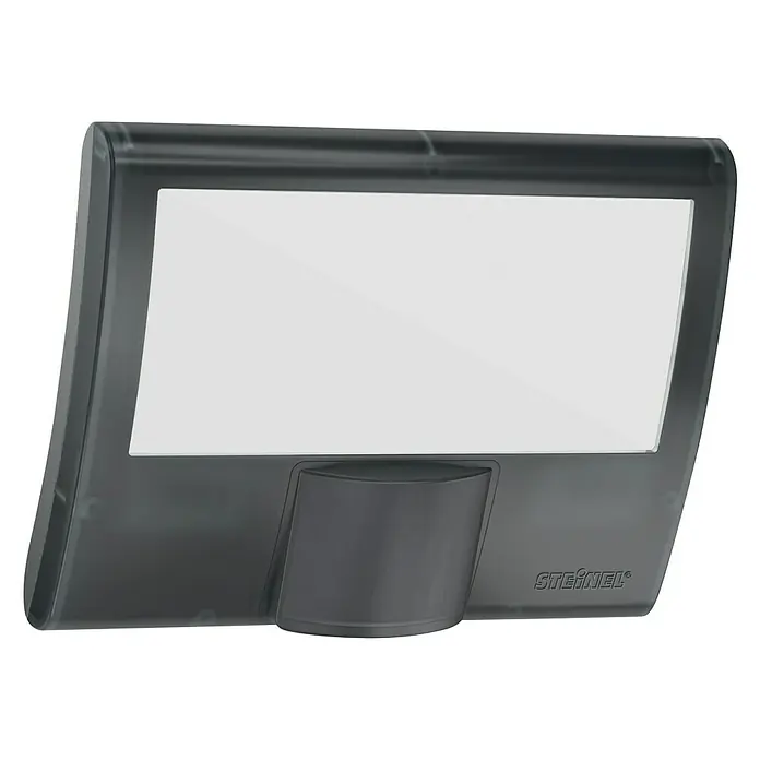 Steinel LED-Sensor-Strahler XLED home Curved S anthrazit - 9,3 W, L x B x H: 16 x 10,7 x 12 cm, Anthrazit, IP44 - Bild einer Steinel-Außenleuchte mit Bewegungsmelder, ideal für die Beleuchtung von Eingangsbereichen. Modernes Design in Anthrazit.