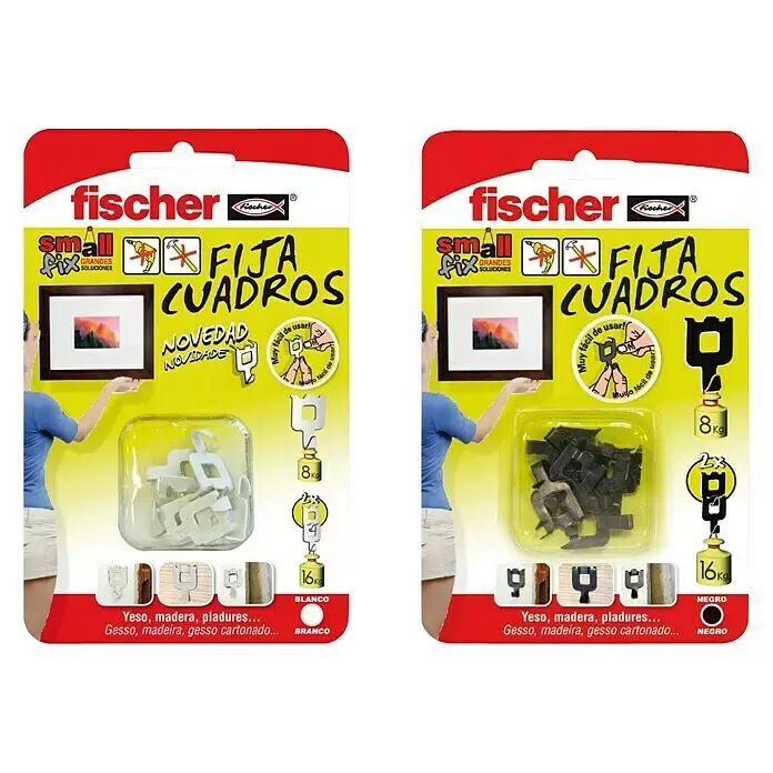 Fischer Gancho para colgar cuadros sin herramientas - Carga soportada: 8 kg, 8 ud., Blanco - Dos packs de fija cuadros Fischer Small Fix, blancos y negros, para yeso, madera y pladur, soportan hasta 16kg.