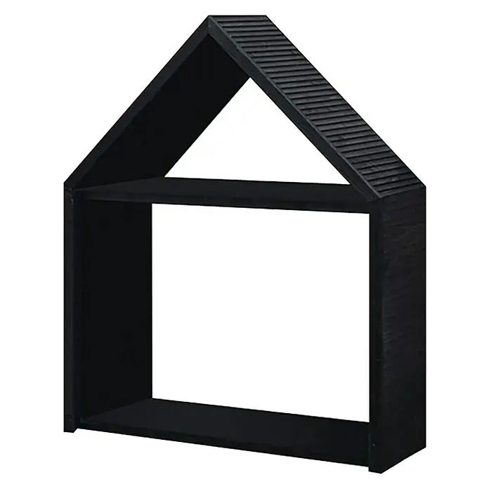 Kaminholzregal Dione III - 90 x 35 x 120 cm, Holz, Schwarz - Schwarzes Regal in Hausform mit zwei Regalböden, ideal zur Aufbewahrung von Büchern und Dekorationen im Kinderzimmer.