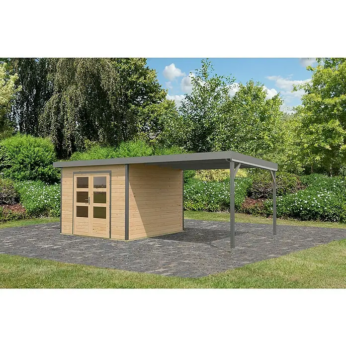 Karibu Gartenhaus Pluto 6 A - Außenmaß inkl. Dachüberstand (B x T): 595,5 x 292,4 cm, Holz, Naturbelassen/Grau - Ein Holzgartenhaus mit einem integrierten Carport-Anbau, der zusätzlichen Schutz und Stauraum im Freien bietet.