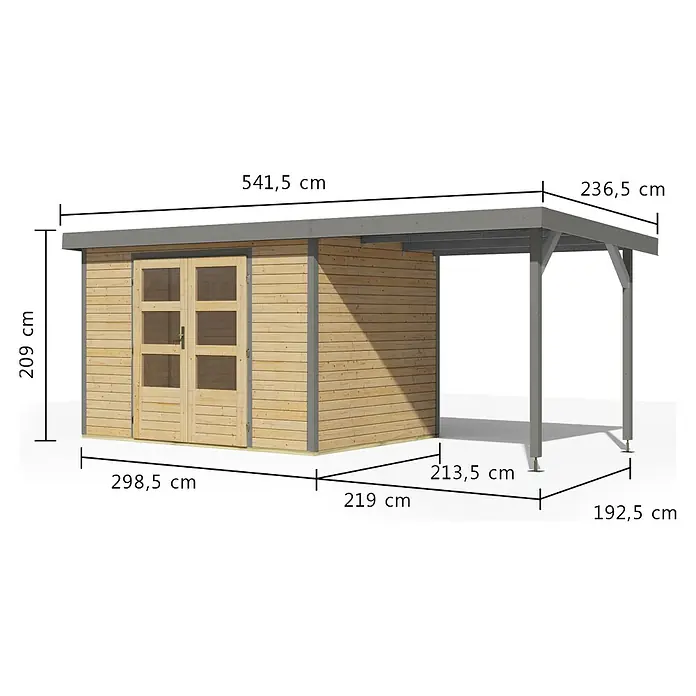 Karibu Gartenhaus Jupiter 4 A - Außenmaß inkl. Dachüberstand (B x T): 541,5 x 236,5 cm, Holz, Naturbelassen/Grau, Mit Seitendach - Helles Gartenhaus aus Holz mit Doppeltüren und angebautem grauem Carport.