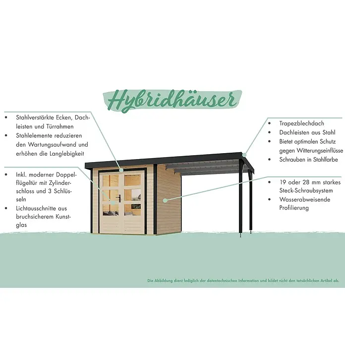 Karibu Gartenhaus Pluto 7 B - Außenmaß inkl. Dachüberstand (B x T): 390 x 273 cm, Holz, Terragrau/Weiß - Abbildung eines Hybridhauses mit Stahlecken, Doppeltür, Trapezblechdach und wasserabweisender Profilierung für optimalen Wetterschutz.