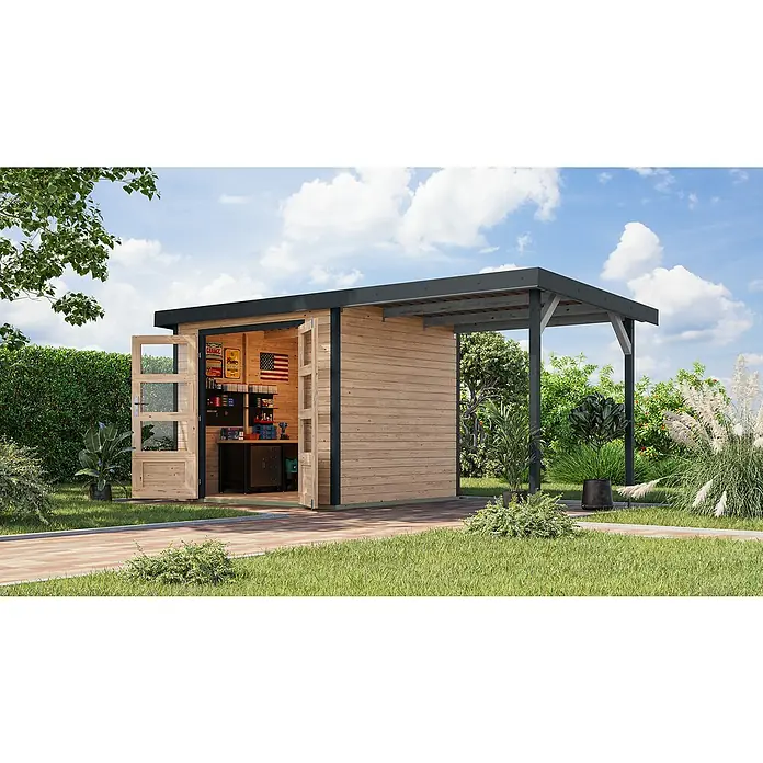 Karibu Gartenhaus Jupiter 3 A - Außenmaß inkl. Dachüberstand (B x T): 486,5 x 236,5 cm, Holz, Naturbelassen/Anthrazit - Das geräumige Gartenhaus mit überdachter Terrasse bietet genügend Platz für Werkzeuge, Gartenmöbel und mehr. Die offene Gestaltung lädt zum Verweilen ein.