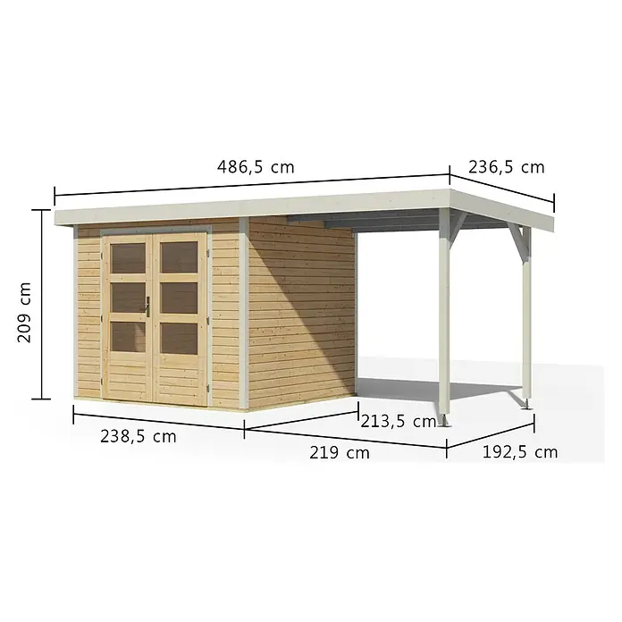 Karibu Gartenhaus Jupiter 3 A - Außenmaß inkl. Dachüberstand (B x T): 486,5 x 236,5 cm, Holz, Naturbelassen/Weiß - Gartenhaus aus hellem Holz mit integriertem Carport.