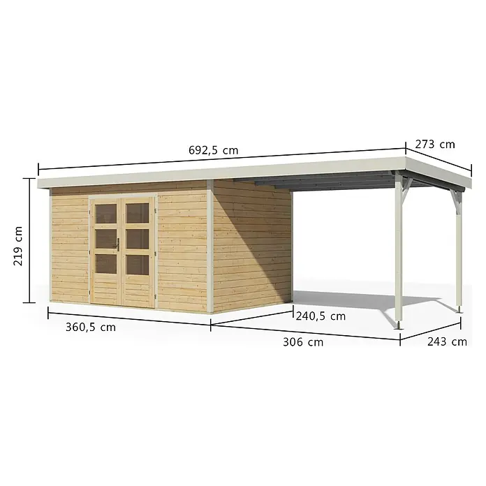 Karibu Gartenhaus Pluto 7 A - Außenmaß inkl. Dachüberstand (B x T): 692,5 x 273 cm, Holz, Naturbelassen/Weiß - Gartenschuppen aus Holz mit Carport in Naturholz und Hellgrau, mit Maßen dargestellt.
