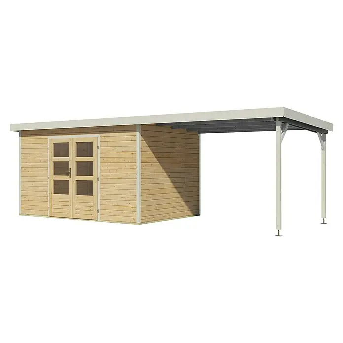 Karibu Gartenhaus Pluto 7 A - Außenmaß inkl. Dachüberstand (B x T): 692,5 x 273 cm, Holz, Naturbelassen/Weiß - Holzgartenhaus mit Anbau. Das Haus hat eine Doppeltür mit Fenstern und ein helles Holzdach mit weißen Details.