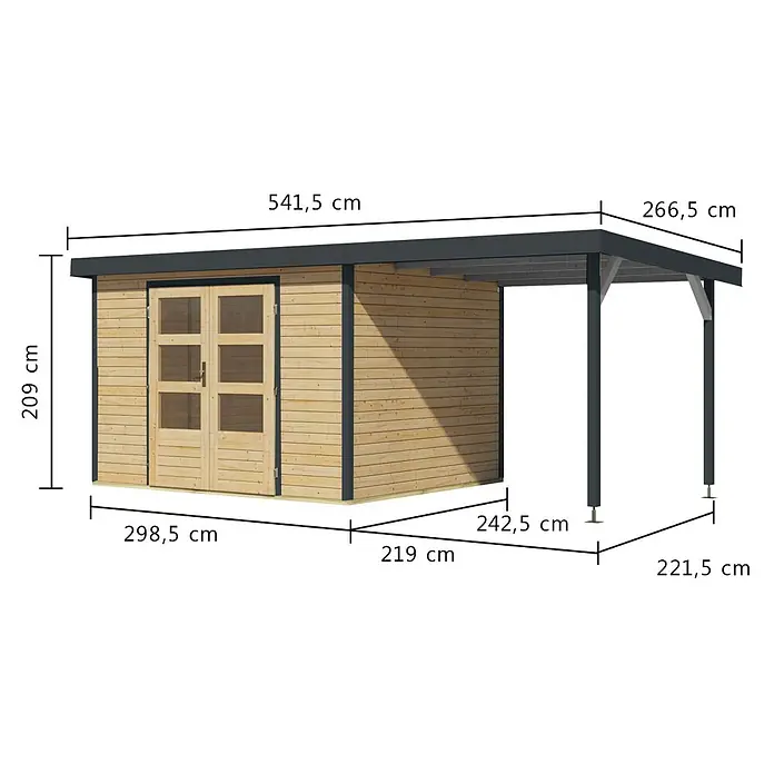 Karibu Gartenhaus Jupiter 5 A - Außenmaß inkl. Dachüberstand (B x T): 541,5 x 266,5 cm, Holz, Naturbelassen/Anthrazit, Mit Seitendach - Holzhütte mit integriertem dunkelgrauem Carport, naturbelassenem Holz und Doppeltür vorne.