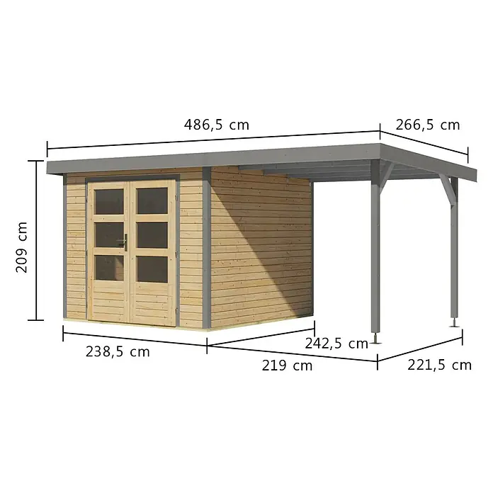 Karibu Gartenhaus Jupiter 3,5 A - Außenmaß inkl. Dachüberstand (B x T): 486,5 x 266,5 cm, Holz, Naturbelassen/Grau, Mit Seitendach - Holz-Gartenhaus mit angebautem Carport, mit Naturholzwänden und grauer Dachkonstruktion.