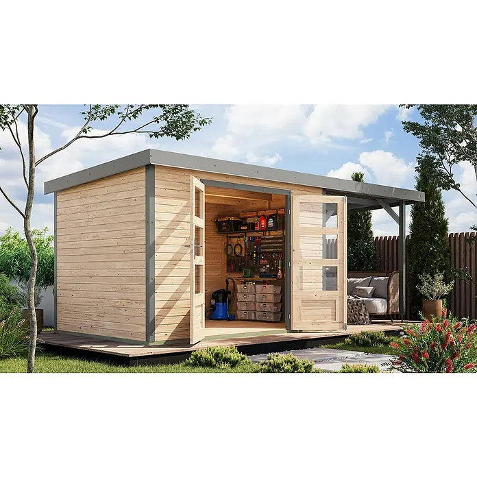 Karibu Gartenhaus Jupiter 4 A - Außenmaß inkl. Dachüberstand (B x T): 541,5 x 236,5 cm, Holz, Naturbelassen/Grau, Mit Seitendach - Ein helles Holzgartenhaus mit offen stehenden Doppeltüren, die einen Blick auf Werkzeuge und Aufbewahrungsmöglichkeiten freigeben.