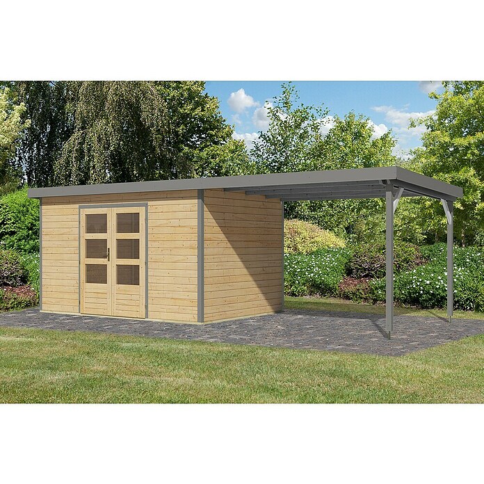 Karibu Gartenhaus Pluto 7 A (Außenmaß inkl. Dachüberstand (B x T): 692,5 x 273 cm, Holz, Naturbelassen/Grau) | BAUHAUS