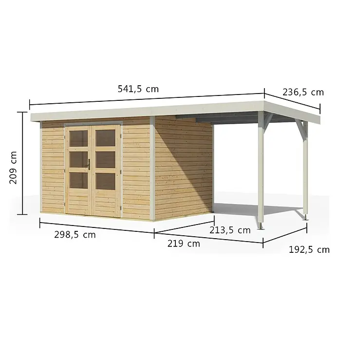 Karibu Gartenhaus Jupiter 4 A - Außenmaß inkl. Dachüberstand (B x T): 541,5 x 236,5 cm, Holz, Naturbelassen/Weiß, Mit Seitendach - Gartenhaus aus Holz mit Anbau-Carport und Maßen. Natürliches Holzfinish, Flachdach.