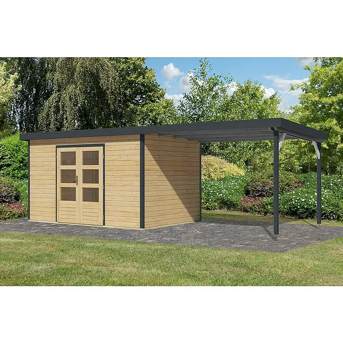 Karibu Gartenhaus Pluto 7 A - Außenmaß inkl. Dachüberstand (B x T): 692,5 x 273 cm, Holz, Naturbelassen/Anthrazit - Holzgartenhaus mit Carportanbau, ideal für zusätzlichen Stauraum und Wetterschutz. Das Haus bietet praktischen Nutzen im Garten.