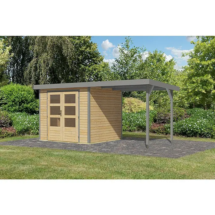Karibu Gartenhaus Jupiter 3 A - Außenmaß inkl. Dachüberstand (B x T): 486,5 x 236,5 cm, Holz, Naturbelassen/Grau - Holzgartenhaus mit Carportanbau. Das Gartenhaus ist aus hellem Holz gefertigt und verfügt über eine Doppeltür mit Fenstern.