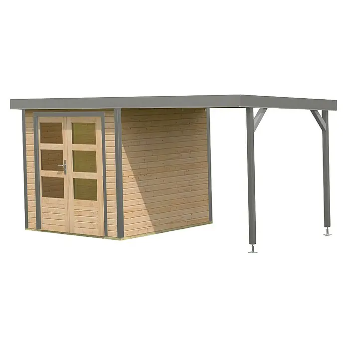 Karibu Gartenhaus Jupiter 2 A - Außenmaß inkl. Dachüberstand (B x T): 453 x 235 cm, Holz, Naturbelassen/Grau - Holzgartenhaus mit grauem Dach, Doppelglastüren und einer schattenspendenden Pergola für entspannte Stunden im Freien.
